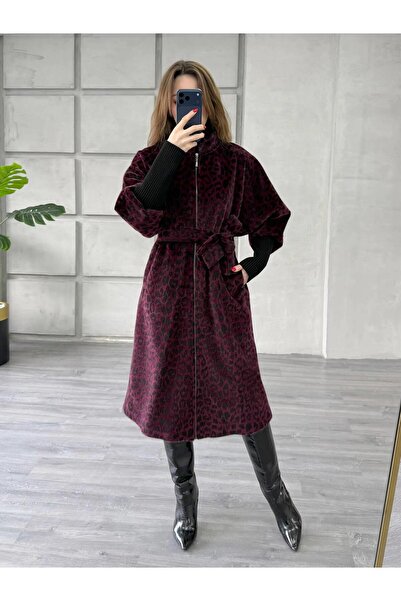 Coral 70040-1 Bileği Geniş Lastikli Leopar Kürk Kaban Bordo