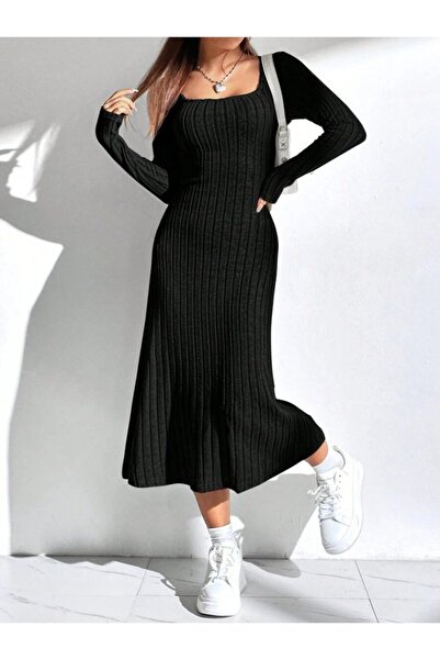 Wear Up Women's Long Sleeve Square Neck Midi Camisole Dress
