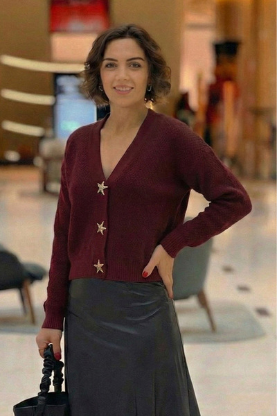 Nevin Kaya Moda Burgundy Starfish Buttoned Knitwear Cardigan