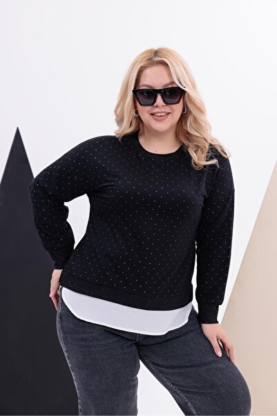 Siyezen Büyük Beden Etekucu Detaylı Taşlı Bluz