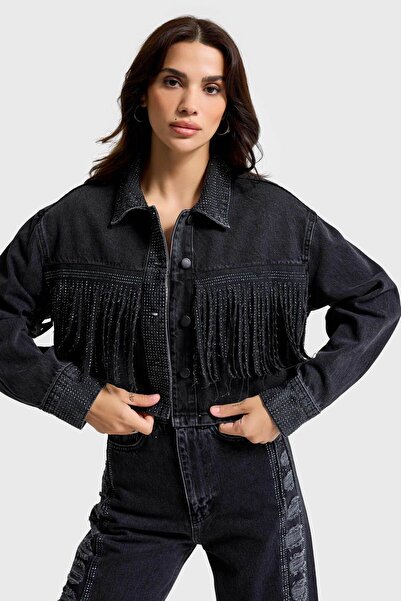it's basic Women's Smoked Color T-1W5-1 Crop Fit Buttoned Special Design Denim Jacket