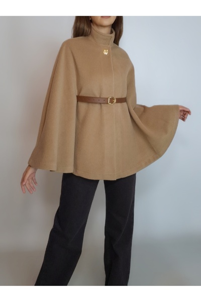 oyagüler Women's Camel Gold Button Belted Cape Poncho Yy101298
