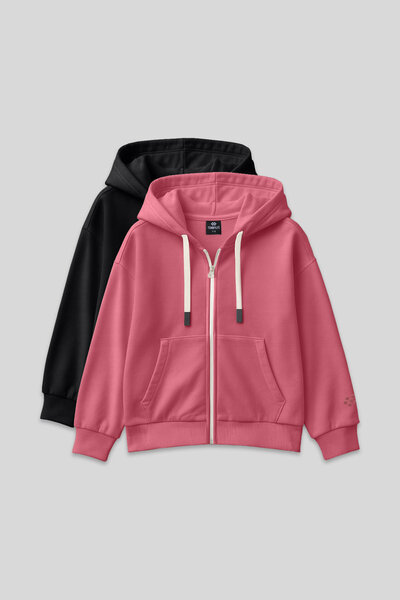 TOMMY LIFE Fermuarlı Pamuklu 2li Paket Siyah-Yaban Gülü Kız Çocuk Sweatshirt ...