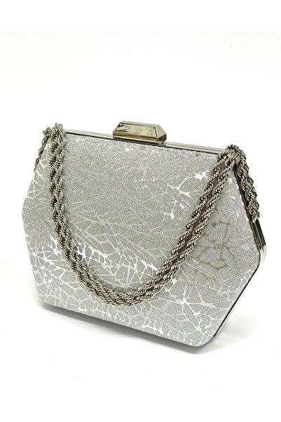 NAZART Women's Complex Shiny Silver Evening Dress Clutch Chain Strap Handheld Wedding Engagement Evening Bag