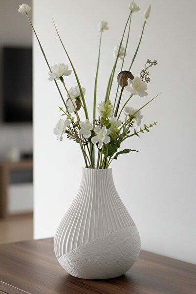 MEK مزهرية بلاستيكية مزخرفة بتصميم مزيج من الأنسجة والخطوط باللون الأبيض (20×17 سم)