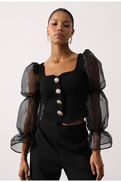 St boutique Gold Detaylı Balon Kol Bluz