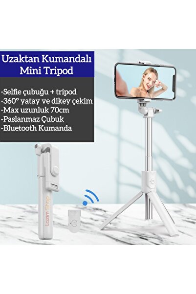 Lazım Shop Kumandalı Ayaklı Beyaz Tripod Bluetooth Selfie Çubuğu