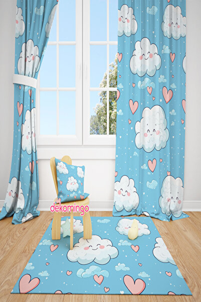 dekomingo Smiling Face Cloud Blue Patterned 2-Wing Background Curtain