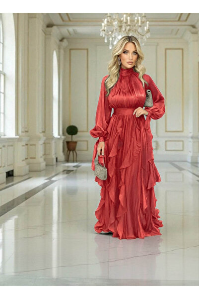 GLAMSI Long, flowy viscose dress with ruffles and a bow at the back