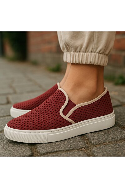 SAVETTE حذاء كاجوال صيفي من الكتان الشبكي باللون العنابي