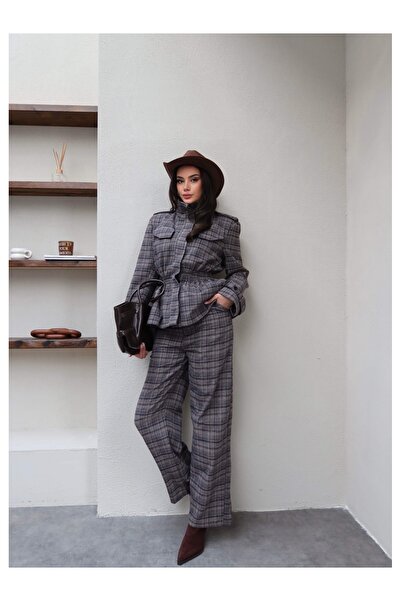 ESRAHELVACI Plaid Waist Drawstring Jacket Pants Set