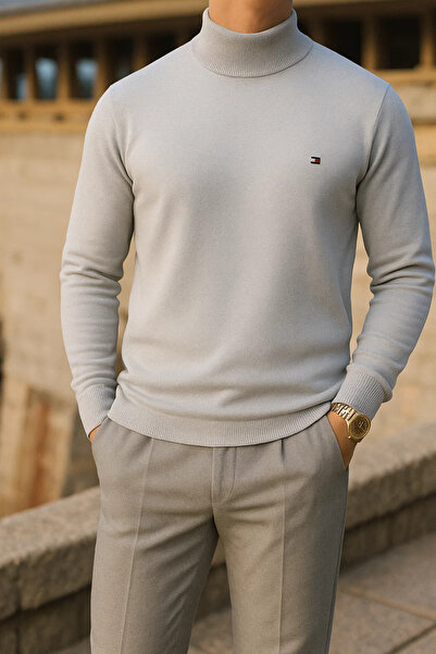 comstar Men's Trendy Winter High-Necked Gray Knit Sweater