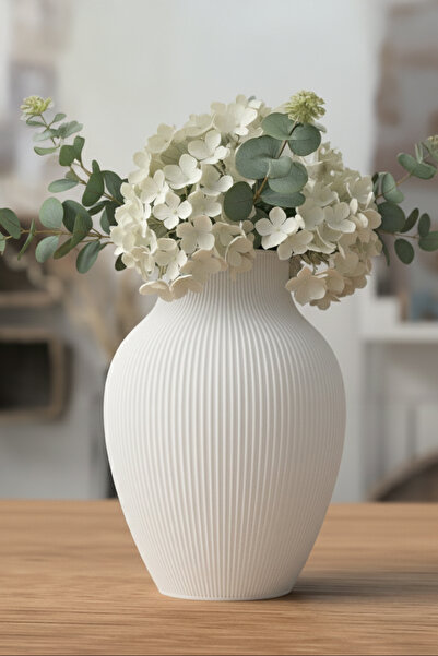 MEK Decorative Plastic Vase with Vertical Stripes Oval Design White (20X15Cm)