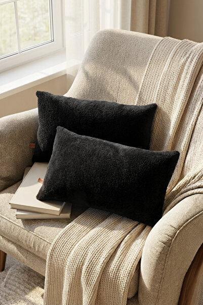 HAMUR Scandinavian Bohemian 2-Piece Teddy Puffy Throw Pillow Case Black