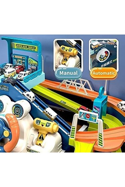 Brivoo® Brivoo DinoTrack Playset – Track & Parking with Functional Steering Wheel, Lights & Sounds, 4 Cars