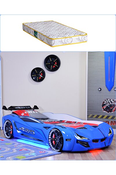 Setay Arabalı Yatak, Mercedes Rüzgarlıklı Full Ledli Arabalı Yatak - Mavi + 1 Adet Comfort Yatak