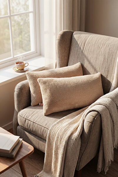 HAMUR Scandinavian Bohemian 2-Piece Teddy Puffy Throw Pillow Cover Beige