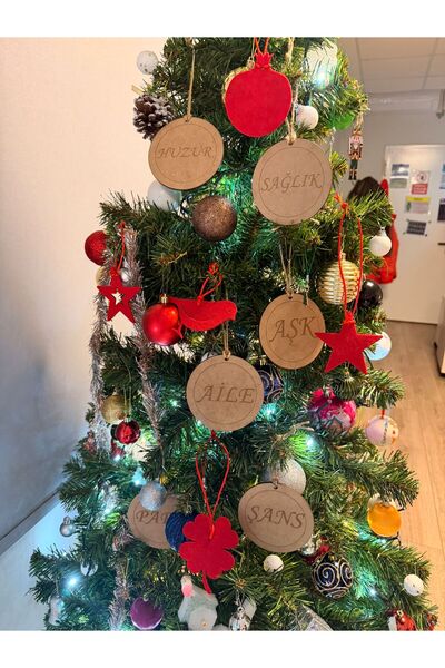 Mega Desing Yılbaşı Ağacı Süsü 5 Kırmızı Keçe 6 Ahşap Dilek Yazı Seti