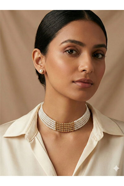 Pelin Aksesuar Gold Detaylı Çok Sıralı İnci Choker Set