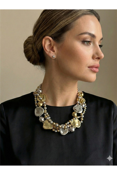Pelin Aksesuar Çift Renk (Gold-Gümüş) İri Metal Boncuklu Statement Kolye