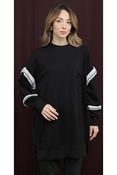 Puane 26K10718 TUNİK SWEAT KOLLARI FIRFIR DETAYLI SİYAH