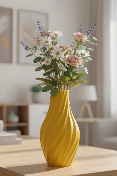 MEK Wave Design Aesthetic Decorative Plastic Vase Yellow (20X11Cm)