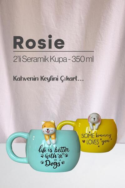 Rosie Köpek ve Tavşan Figürlü Seramik Kupa 350 ml