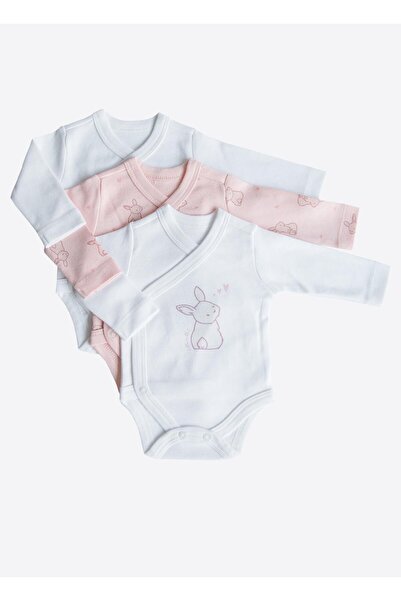 kitikate Organik Cute Rabbit 3'lü Uzun Kol Kruvaze Body Pembe