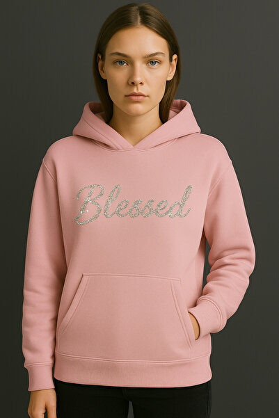 Revasser Kadın Özel Tasarım Blessed Parlak Taş İşlemeli Oversize Kapüşonlu Sw...