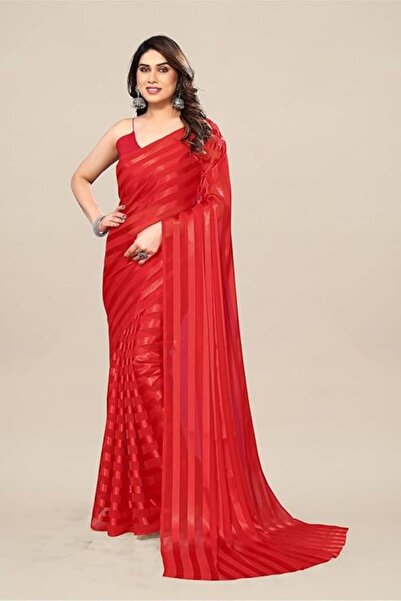 iza Women's Plain Satin Striped Georgette Saree With Unstitched Blouse Piece