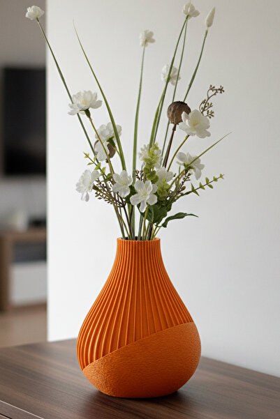 MEK Διακοσμητικό Πλαστικό Βάζο Συνδυασμένο με Υφή & Γραμμή Πορτοκαλί (20x17cm)