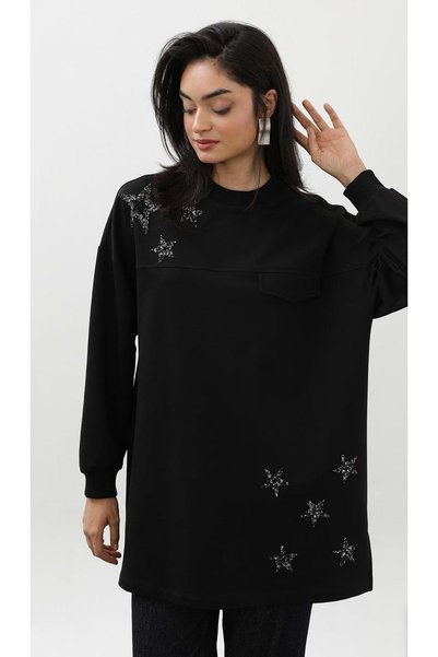 Puane 26K10736 TUNİK SWEAT ÖNÜ TAŞLI YILDIZ DETAYLI SİYAH