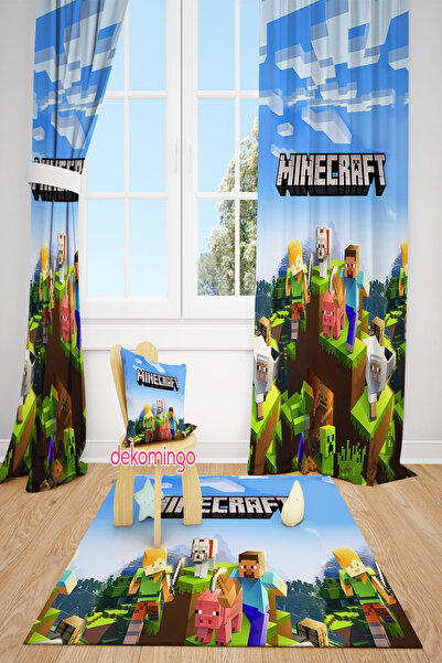 dekomingo Minecraft Şehir Desenli Çift Kanat Çocuk Fon Perde