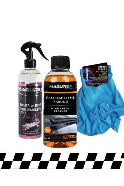 MAGUREX Demir Tozu Jant Temizleyici 800ML + Cam Sabunu 400ML + Mikrofiber Bez...