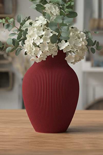 MEK Decorative Plastic Vase with Vertical Stripes Oval Design Red (20X15Cm)
