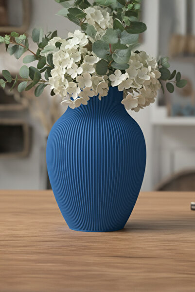 MEK مزهرية بلاستيكية مزخرفة بتصميم بيضاوي مع خطوط عمودية باللون الأزرق (20×15 سم)