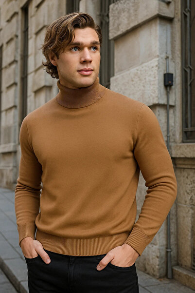 COMBİNE MİCHAİL Men's High Neck Premium Brown Knit Sweater