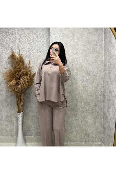 Abacı 26K17538 TAKIM TUNİK PANTOLON BASİC YAKASI FERMUARLI BEJ