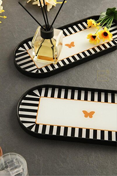 Metpoint صينية تقديم زجاجية بتصميم فراشة باللون الأسود 2 قطعة 12x30 سم