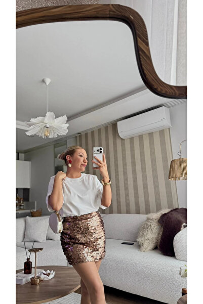 FK PYNAPPEL تنورة قصيرة مبطنة بالترتر مع سحاب باللون البني