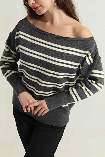 VıoShıne Women's Striped Boat Neck Knitwear Sweater