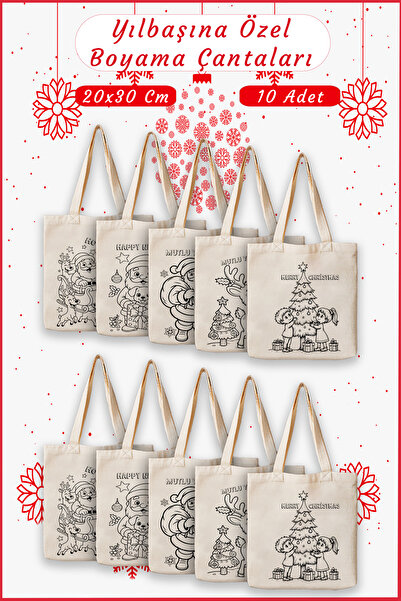 aprendi dünyanı ve kendini koru,ham bez kullan Çocuklara Özel 10’lu Boyama Çantası – Yılbaşı Temalı Eğlenceli Etkinlik Seti (20x30 cm)