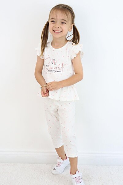 Breeze Girl's Tights Set Tiny Hearts Patterned Text Printed Ruffles 2-6 Years Old, Ecru