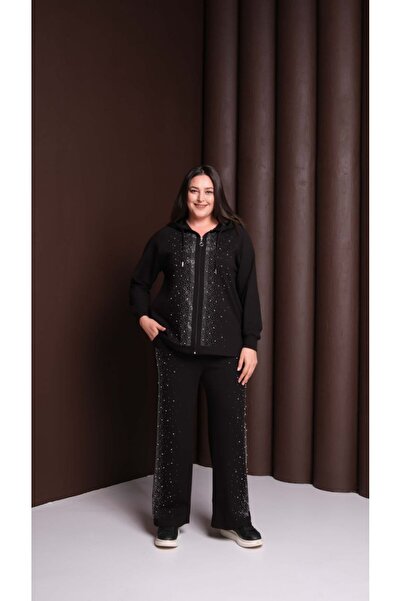 Esina Women's Two Thread Wide Leg Stone and Pearl Detailed Tracksuit Set with Front Zipper