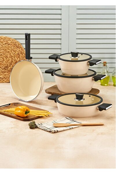 LinkaHome Ceramic Cookware Set 7 Piece Cream