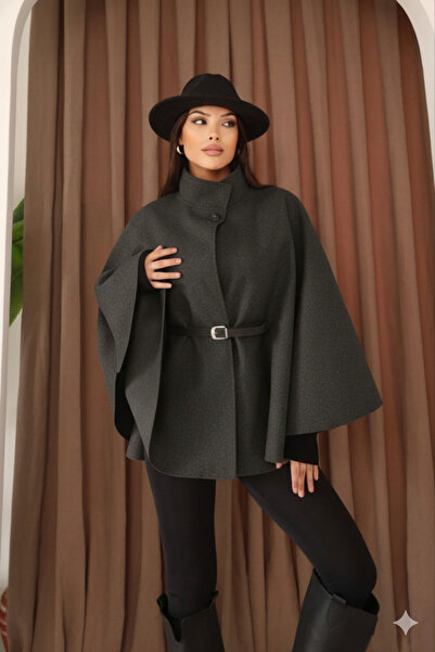 Stil Sepeti Kadın Antrasit Dik Yaka Beli Kemerli Geniş Kol Panço DRL-200015330