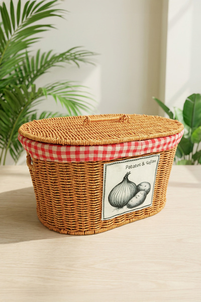 Digithome Oval Rattan Hasır Patates Soğan Çift Bölmeli Sepet Düzenleyici Organizer -9T03