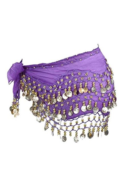 Generic Lily Chiffon Belly Dance Hip Belt with Dangling Gold Pieces — Dark Purple (Shade H) / Gold / Silve