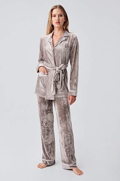 Artış Long Sleeve Kimono Velvet Stretchy Viscose Pajama Set