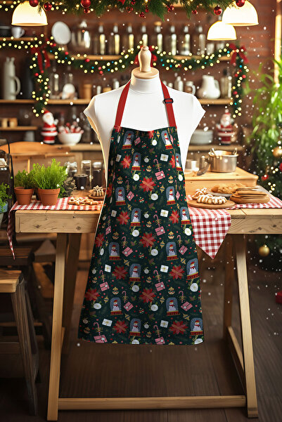 Moud's Green Christmas Patterned Kitchen Apron, Chef Apron, Waiter Apron, Res...